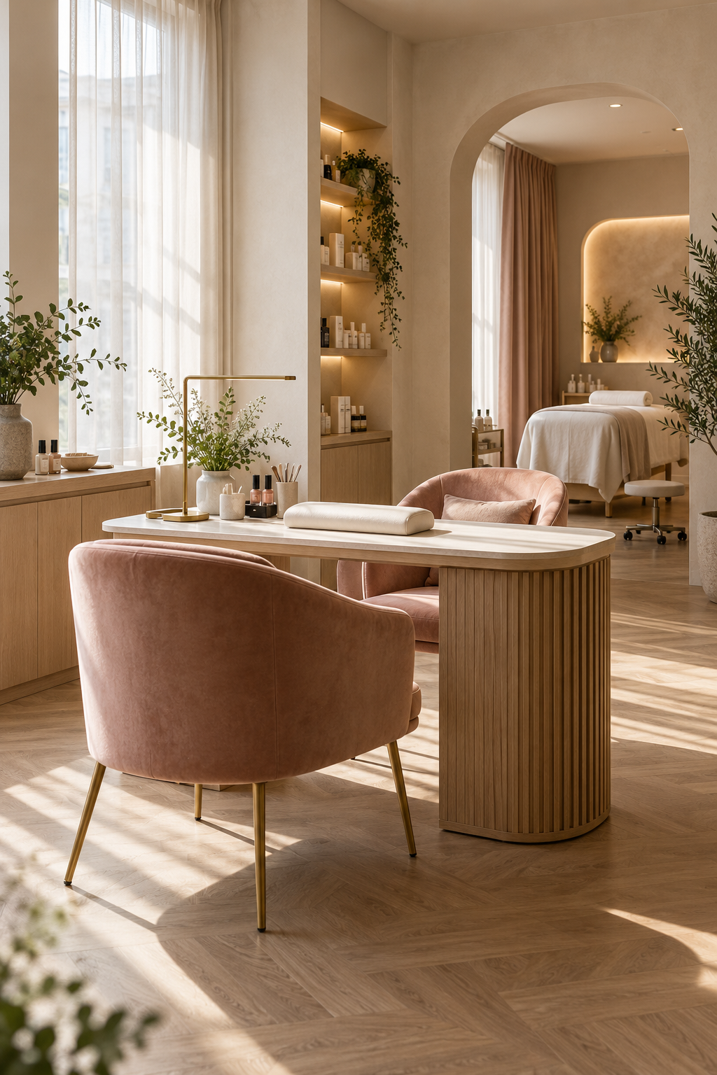 Helles Studio mit Maniküreplatz und Wellnessbereich